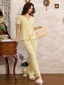 Côtesoire Women's Solid Color Knitted Ribbed Bow Decor Casual Pajama Set - Yellow - View 5