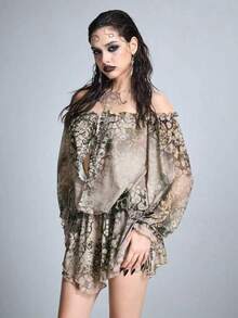 ROMWE Goth Retro Vacation Beach Bubble Print Off-Shoulder Mesh Mini Skirt - Multicolor - View 2