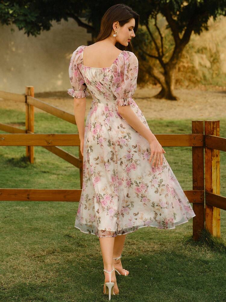 floral fit and flare dress with sleeves Floral Multi Short Fit and Flare Dress K26293