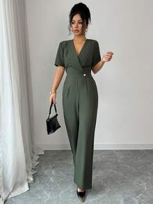 SHEIN Elenzya 女士简约纯色交叉领短袖连体裤，适合通勤和夏季穿着 - 軍綠色 - 查看 6