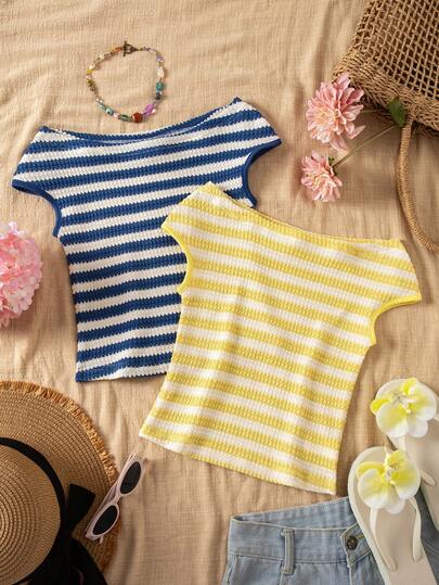 Set de 3 camisetas de hombros descubiertos multicolor ajustadas para niñas preadolescentes de vacaciones