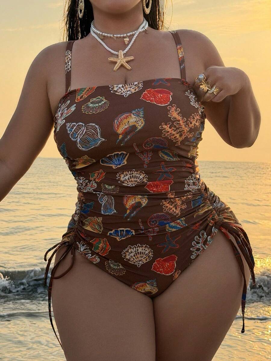 SHEIN Swim 2026 New Spring/Summer Plus Size Women's Popular Retro Printed Drawstring Slimming Sexy Beach Party One-Piece Swimsuit