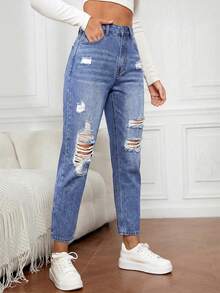 EMERY ROSE Jeans de mezclilla para uso diario, versátiles y casuales, con bolsillos y botones desgastados para mujeres - Azul - Ver 3