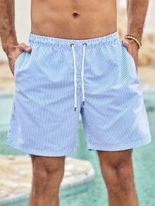 Mercer Haus Quần bơi nam có dây rút kẻ sọc dọc ở eo - Màu xanh nhạt - Xem 5
