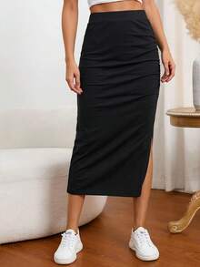 SHEIN EZwear Chân váy ôm sát dáng casual dành cho nữ, chất liệu 91% cotton, xẻ cao, thích hợp mặc hàng ngày và mùa hè. - màu đen - Xem 5