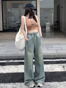 Dazy Tall Quần jeans nữ ống đứng dáng rộng, cạp chun, có dây rút, kiểu dáng thường ngày. - Rửa nhẹ - Xem 3