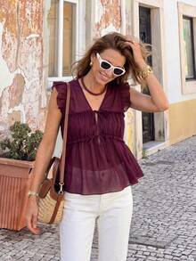 Solivie 女士紫色荷叶边袖衬衫，优雅度假休闲衬衫，荷叶边紫色上衣，女士紫色衬衫，李子色上衣，深紫色上衣，女士休闲装扮，流行穿搭，女士上衣和衬衫，女士夏季穿搭，女士夏季上衣，荷叶边袖衬衫，居家办公穿搭，系带上衣，职业衬衫，女士衬衫，女士夏季衬衫，女士休闲优雅上衣，女士最新款上衣，女士休闲夏季穿搭，女士夏季上衣，女士优雅夏季休闲上衣 - 紫色 - 查看 1