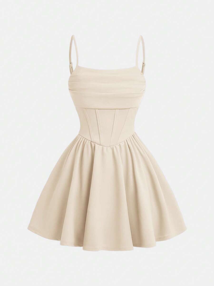 SHEIN Girlism Teen Girl Solid Color Knit Ruched Front Waist Cinched Camisole Dress - Apricot - View 1