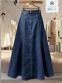 EMERY ROSE Plus Size Women's Spring/Summer Pocketed Button Pleated Washed Denim Skirt - Dark Wash - View 2