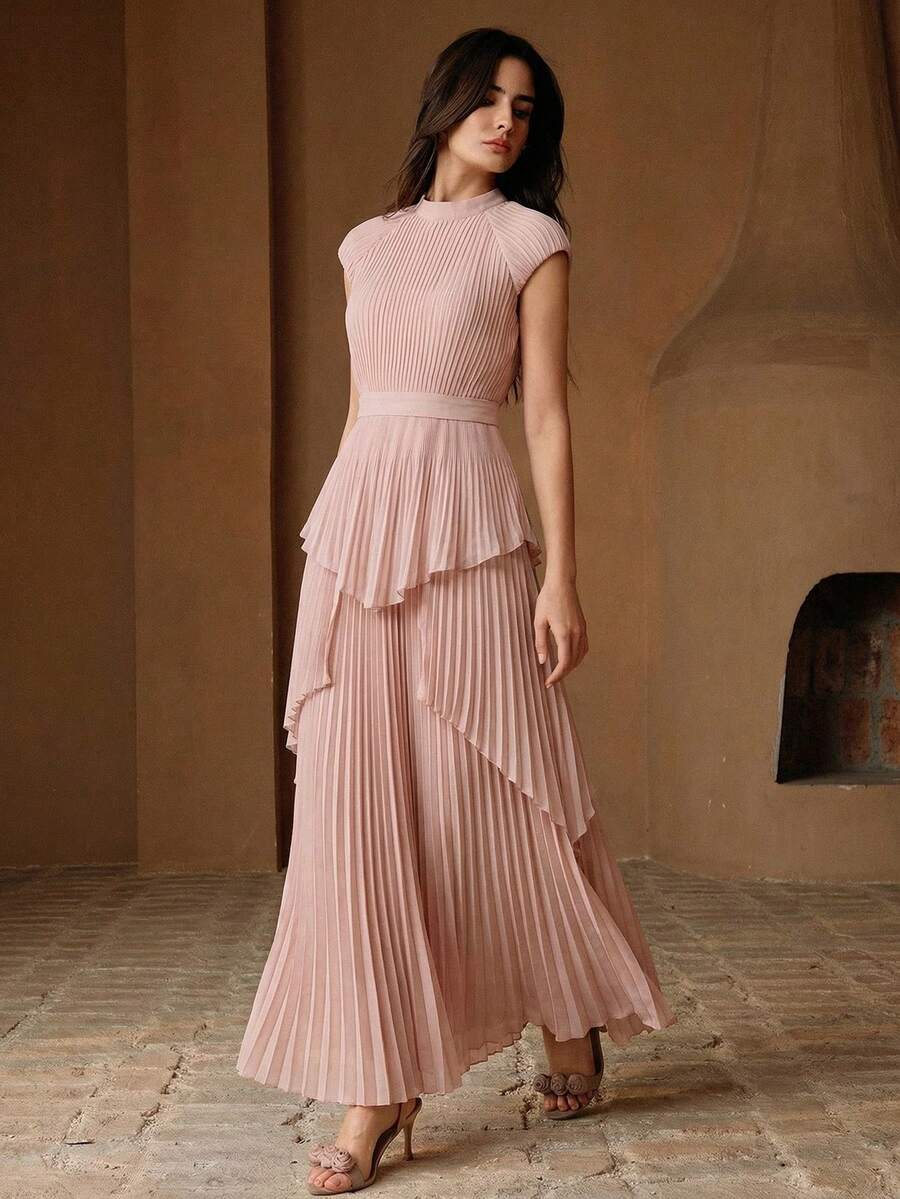 Anewsta Đầm maxi dài, tay ngắn, thắt eo, xếp ly, thanh lịch, kèm dây thắt lưng màu hồng, dành cho nữ. - Hồng - Xem 1