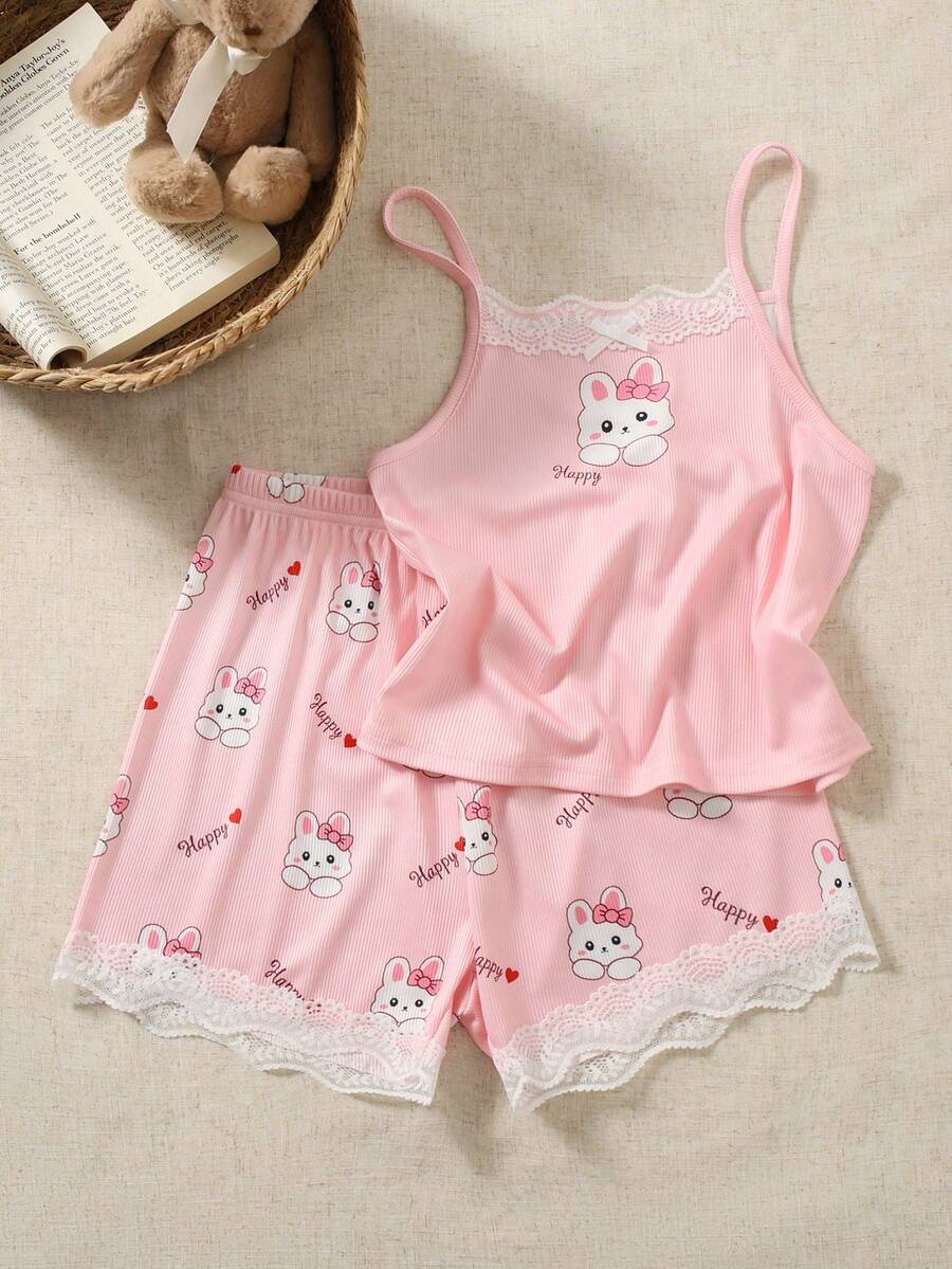 Bộ đồ ngủ bé gái in hình bướm và thỏ với chữ "Happy" gồm áo hai dây và quần short viền ren, đồ mặc nhà thoải mái. - Hồng - Xem 1