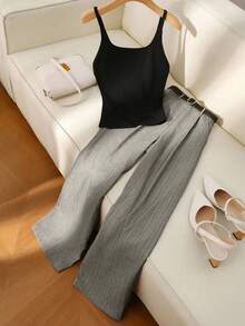 Franclia Áo tank top nữ kiểu dáng thường ngày, quần ống đứng kẻ sọc nữ kiểu dáng thường ngày. - Xám - Xem 3