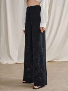 Anewsta Urban Chic Retro Hollow Embroidered High-Waist Straight-Leg Pants For Office/Commute - Navy Blue - View 7