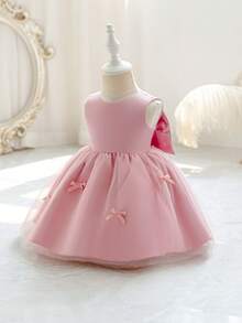 SHEIN Glamorique Kids 女婴花童伴娘礼服，婚礼，花童，优雅，大蝴蝶结，生日拍照服装，生日派对，适合正式场合，春季 - 粉色 - 查看 6