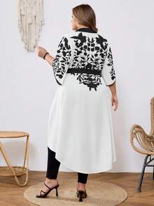 SHEIN CURVE+ 大码女式度假植物图案半袖系腰高低摆上衣 - 彩色 - 查看 3