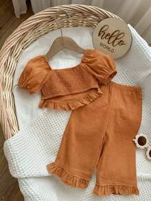 SHEIN Babygirl Summer Cute Solid Color Short Sleeve Top And Pants Set - Orange - View 2