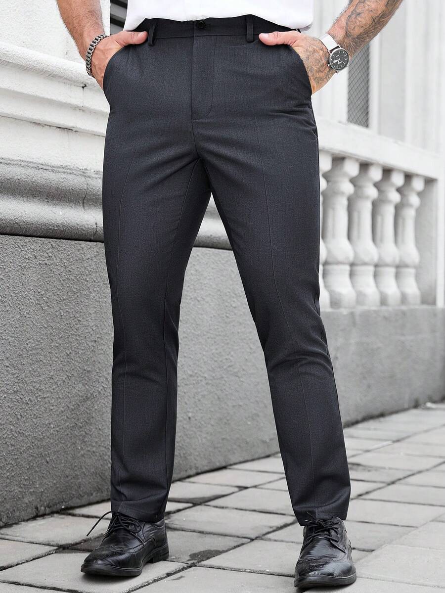Calvornis 男士纯色斜插口袋修身商务西装裤（不规则剪裁） - 深灰色 - 查看 1