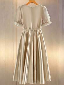 Lyxana Women's Solid Color Faux Pearl Decor Short Puff Sleeve Elegant Dress - Champagne - View 2