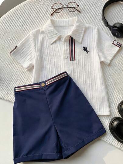 SHEIN 2pcs Baby Boy Preppy Style Adorable Gentleman Outfit, Striped Print Short Sleeve Shirt, Belt, Casual Shorts, Suitable For Birthday Party, Rave, Evening Party, Performance, Wedding, Baby Shower, 1st Birthday Celebration