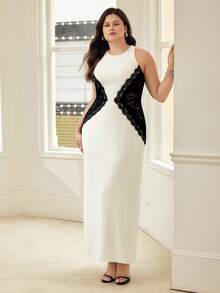 MOTF PREMIUM 加大码撞色蕾丝连衣裙，春夏款 - 黑與白 - 查看 5