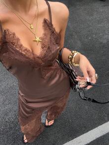 Siren Gaze Petite Petite Women's Lace Patchwork Spaghetti Strap Tank Top And Lace Pants 2 Pieces Set - Brown - View 6