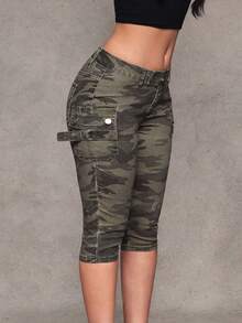 Jeanoix Y2K 时尚低腰工装口袋迷彩七分紧身牛仔裤 - 彩色 - 查看 4
