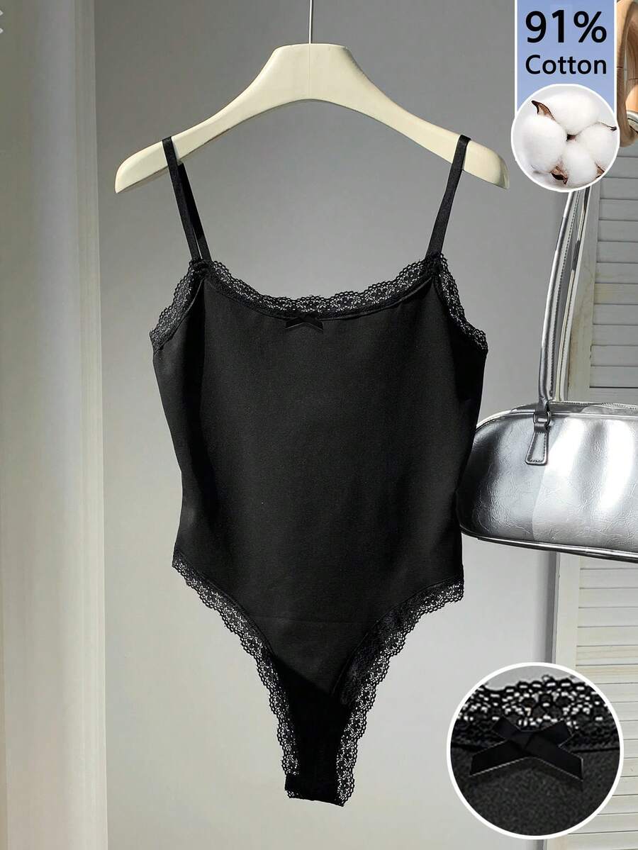 SHEIN EZwear 女士蕾丝边休闲连体衣，适合日常穿着 - 黑色 - 查看 1
