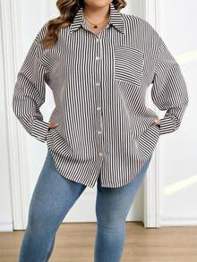 SHEIN CURVE+ 大码女式休闲日常/工作/旅行条纹印花宽松落肩长袖衬衫，春秋季 - 黑與白 - 查看 5