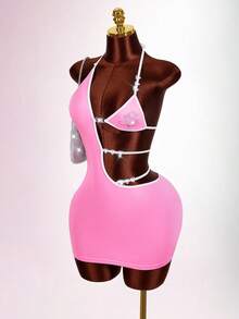 Amplova Đầm ngắn gợi cảm dành cho nữ với chi tiết đính đá hình trái tim ở ngực, eo khoét, dây mảnh, thích hợp cho các lễ hội âm nhạc, ngọt ngào và quyến rũ. - Màu Hồng baby - Xem 10