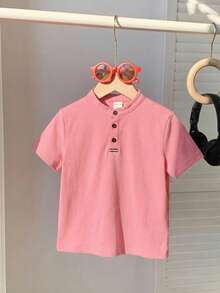 SHEIN Little Byeori 儿童/青少年男童休闲百搭舒适立领半拉链宽松套头短袖纯色针织polo衫，适合通勤、上学、日常休闲、度假、运动、春夏穿着。 - 粉色 - 查看 3