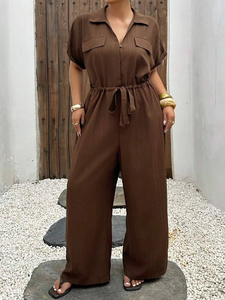 Dazy Plus Plus Size Women's Casual Solid Color Lapel Loose Waist Tie Slimming Long Jumpsuit, Brown, Spring/Summer Rompers For Women Lounge Sets For Women
