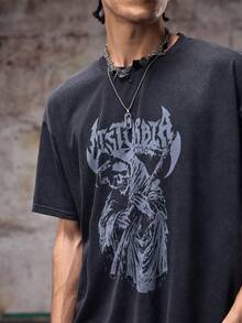 男士复古字母和骷髅图案圆领短袖休闲 T 恤，夏季，Emo，2000 年代风格 - 黑色 - 查看 7
