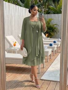 SHEIN Lady CURVE Plus Size Women's Solid Color 3/4 Sleeve Open Front Jacket And Rhinestone Decor Pleated Thick Strap Dress Elegant Set - Olive Green - View 6