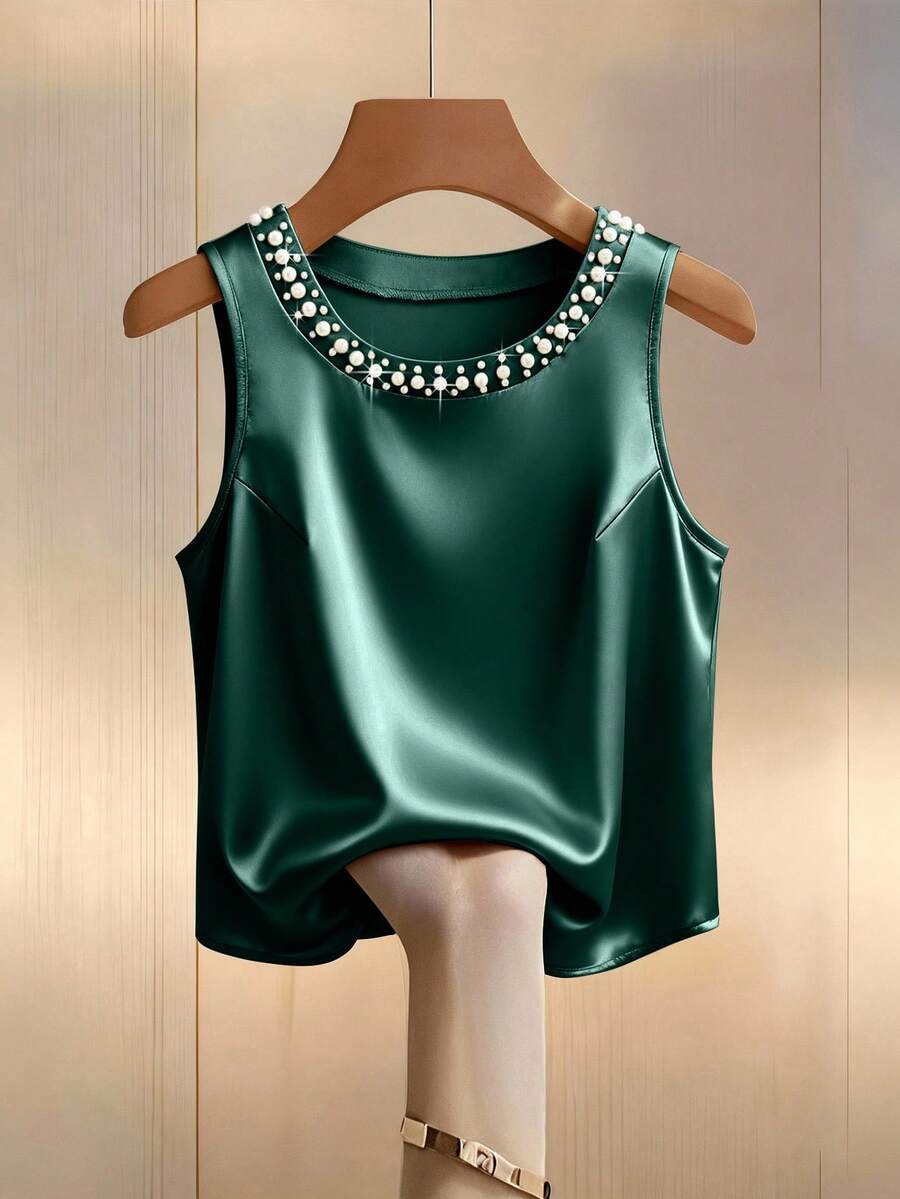 GlowEve CURVE Damen Große Größen Top mit Kunstperlen Dekor, vielseitig einsetzbar, ärmelos, geeignet für Pendeln und Ausgehen - Dunkelgrün - Übersicht 1