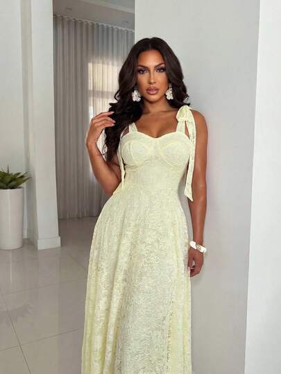 Xyvia Women's Elegant Lace Patchwork Fitted Waist A-Line Bowknot Decor Cream Yellow Cocktail Party Dress, Sleeveless