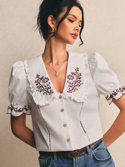 Poéselle White Embroidered Puff Sleeve Blouse For Women, Elegant Ruffled Collar Button-Up Summer Top,Women's Floral Embroidery Pattern Casual Versatile Daily Wear Shirt