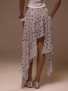 MUSERA 银色亮片装饰不对称手帕下摆飘逸雪纺低腰半身裙，适合夏季春季穿着，性感可爱，适合度假外出，伊比沙岛优雅日落系带 - 灰色 - 查看 4