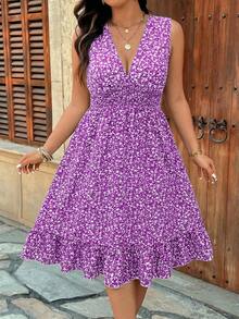 EMERY ROSE Đầm casual cỡ lớn không tay, xếp ly, họa tiết hoa nhí, có trang trí viền bèo nhún. - Nhiều màu - Xem 4