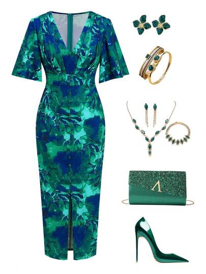 Ellevyn Women's Floral Print V-Neck Fitted Long Dress Ruffle Dress Women's Summer Green Floral Print Long Dress, Vacation Casual Versatile Outfit, Fitted Waist, Ruffled Hem, Flutter Sleeves, Party Party, Wedding, Guest Dress Women's Summer Black Lace-Trimmed Sexy Mesh Leggings And Tights  Green Dress   Floral Dresses For Women Occasion Outfit Floral Print Midi Dress Day Party Outfit Women Emerald Green Outfit Wedding Guest Outfit Zoey Outfit Graduation Outfit Zante Holiday Outfit Outfit For Ladies Outfi