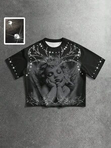 ROMWE MEN Street Life Camiseta de manga corta con cuello redondo, decorada con estampado de ángel y cristales para hombres - Multicolor - Ver 1