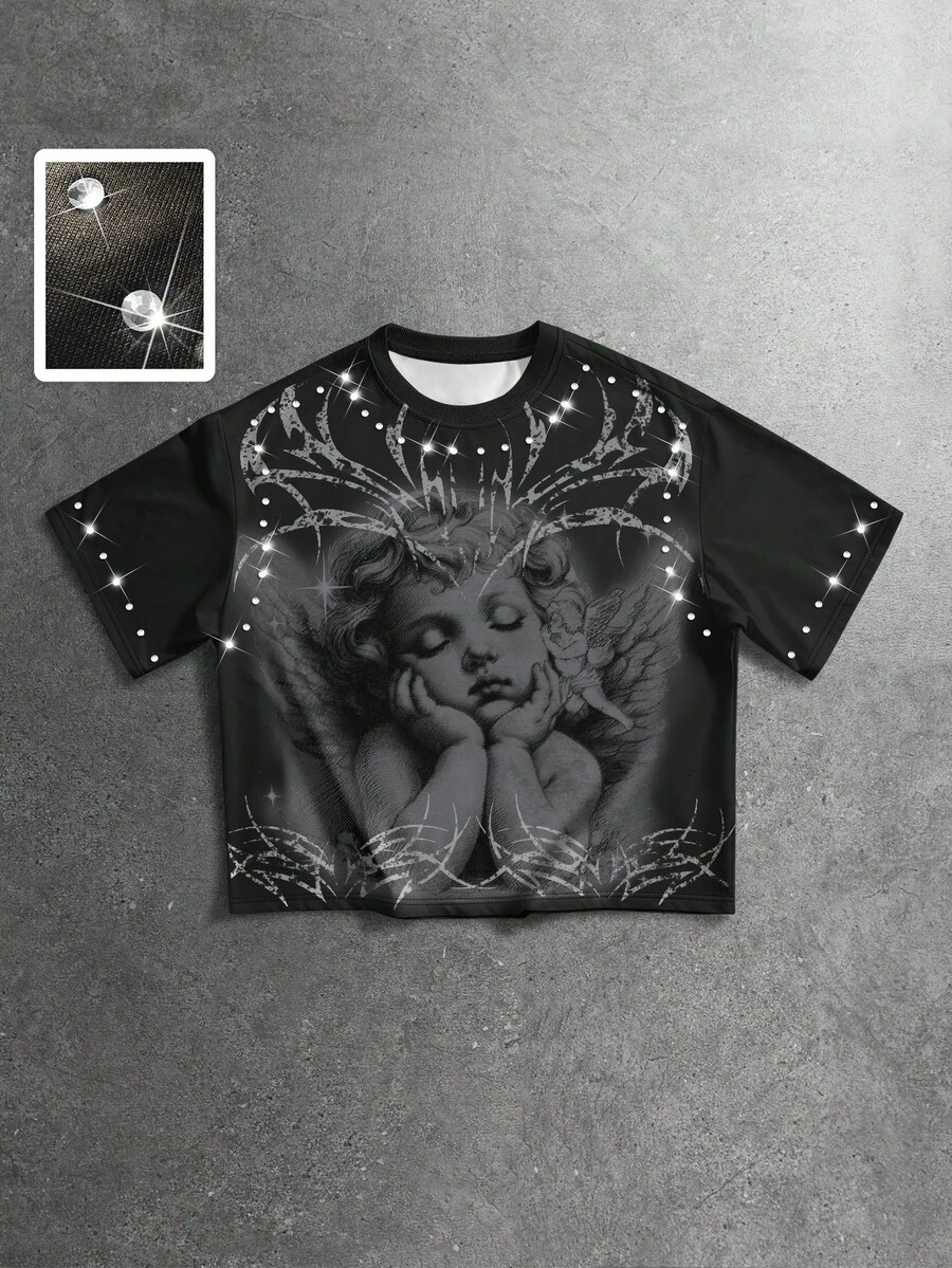 ROMWE MEN Street Life Camiseta de manga corta con cuello redondo, decorada con estampado de ángel y cristales para hombres - Multicolor - Ver 1