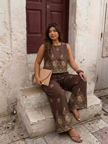 Elaquor Conjunto de 2 piezas de verano para mujer, blusa sin mangas con estampado retro y pantalones rectos, ropa casual de talla grande para vacaciones, ropa de playa, ropa de trabajo formal y atuendos de fiesta - Café integral - Ver 6