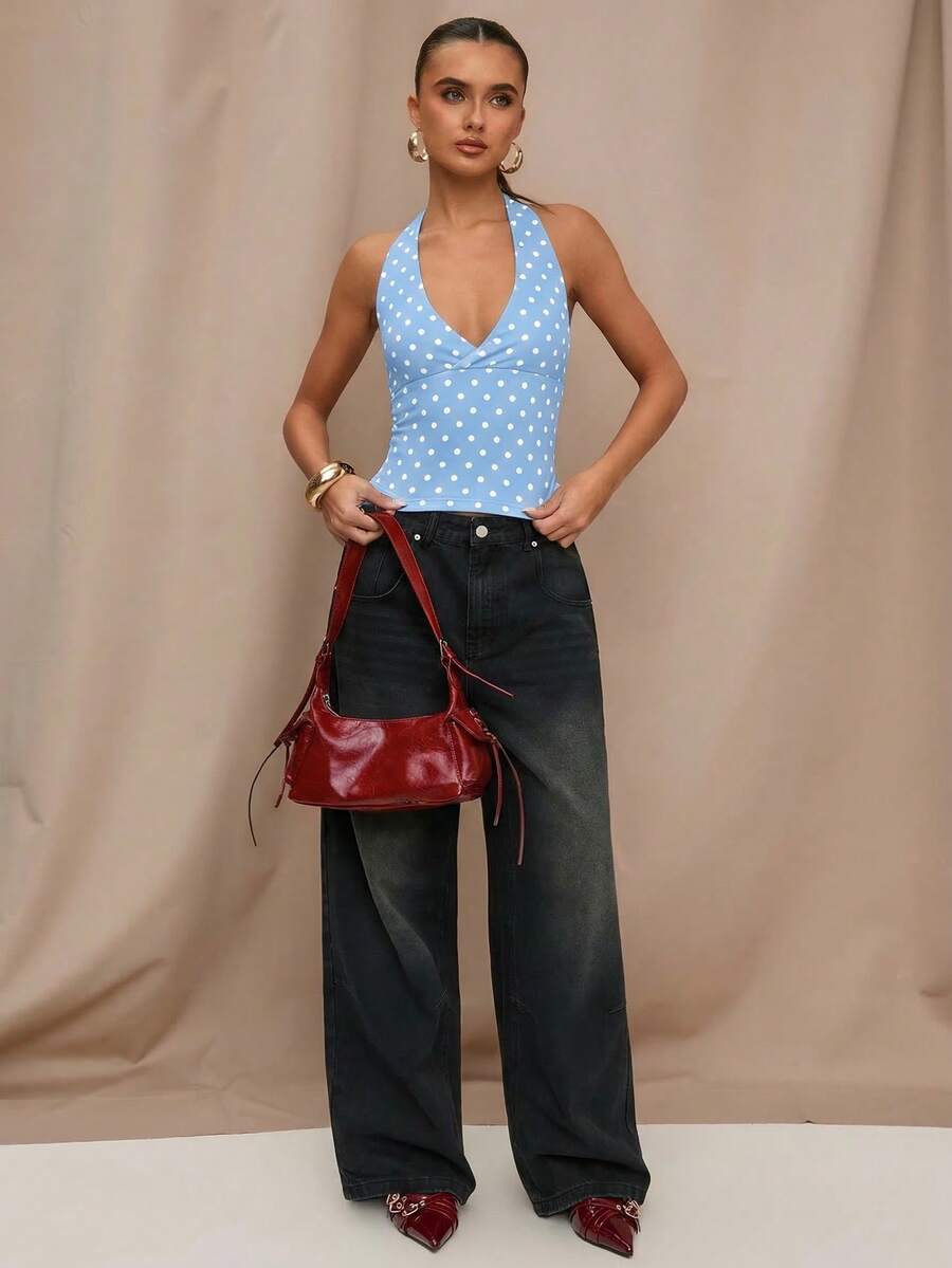 SHEIN BAE 黑色波点印花休闲露背上衣,适合早午餐、外出、约会、通勤、邮轮旅行、伊比沙岛度假等场合。 - 淺藍色 - 查看 1
