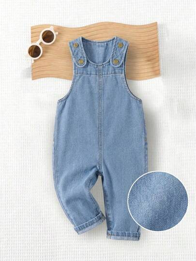 Bộ đồ liền thân denim ống rộng thiết kế nút cài cho bé trai