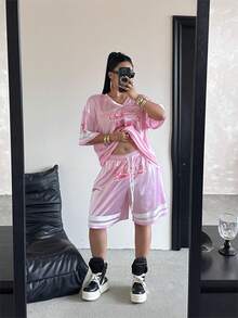 POPSWAY 2 Pezzi Set: Maglietta grafica + Pantaloncini a vita alta a gamba larga con stampa, Outfit sportivo casual alla moda per primavera/estate - Rosa - Visualizzare 8