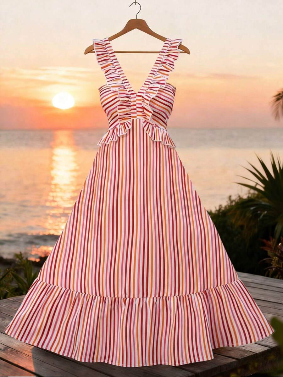 Breezaya Plus Size Women's Woven Regular Spring/Summer Casual Elegant Commuter V-Neck Sleeveless Long Dress With Ruffle Hem - Multicolor - View 1
