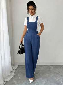 Elenzga 女士优雅蓝色金属钩连体裤，休闲日常穿着，适合春、夏、秋、冬、派对、日常休闲穿着。曲线连体裤，女士蓝色连体裤，女士连体裤。 - 藍色 - 查看 3