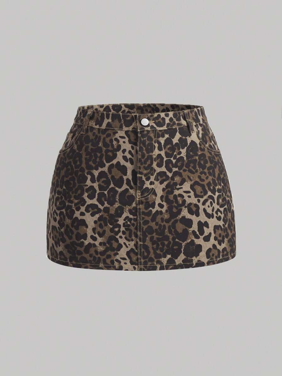 SHEIN MOD 大码女式豹纹口袋牛仔迷你裙