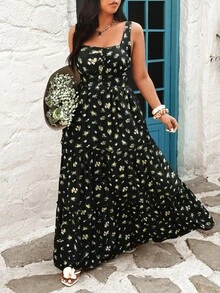Sunnyshic Fashionable Spaghetti Strap Ditsy Floral Dress, Vacation Dress - Black - View 5