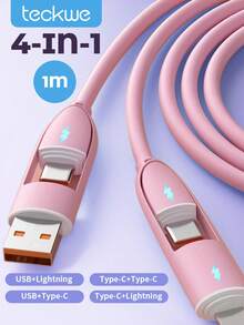 Teckwe Cable de carga 4 en 1 de carga rápida, silicona líquida 1M, cable de carga múltiple con 4 interfaces que se pueden convertir y transferir libremente mientras se carga, adecuado para teléfonos móviles, tabletas, cable USB C - Multicolor - Ver 1